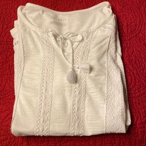 Talbots White 100% Cotton 3/4 Sleeve Top, Fringe Tie